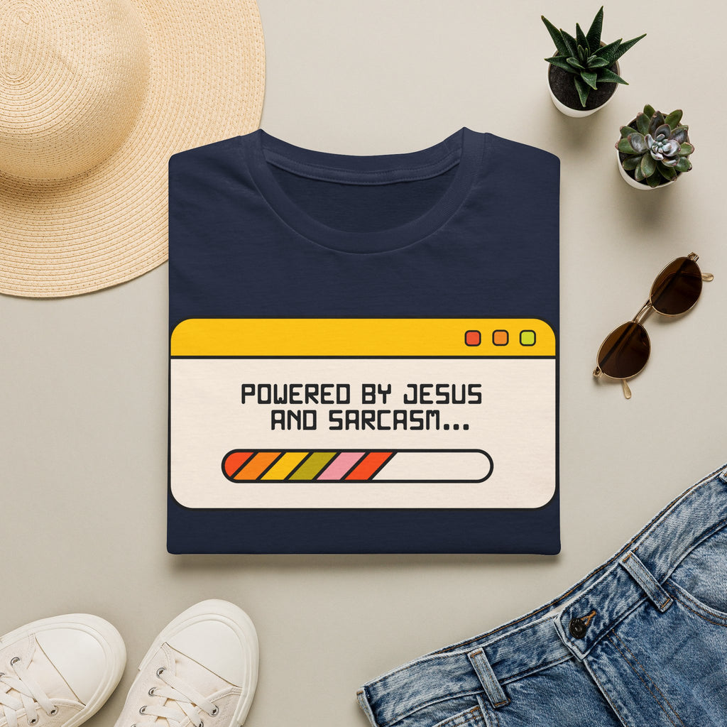 T-Shirt — "Powered by Jesus and Sarcasm" Graphic Tee