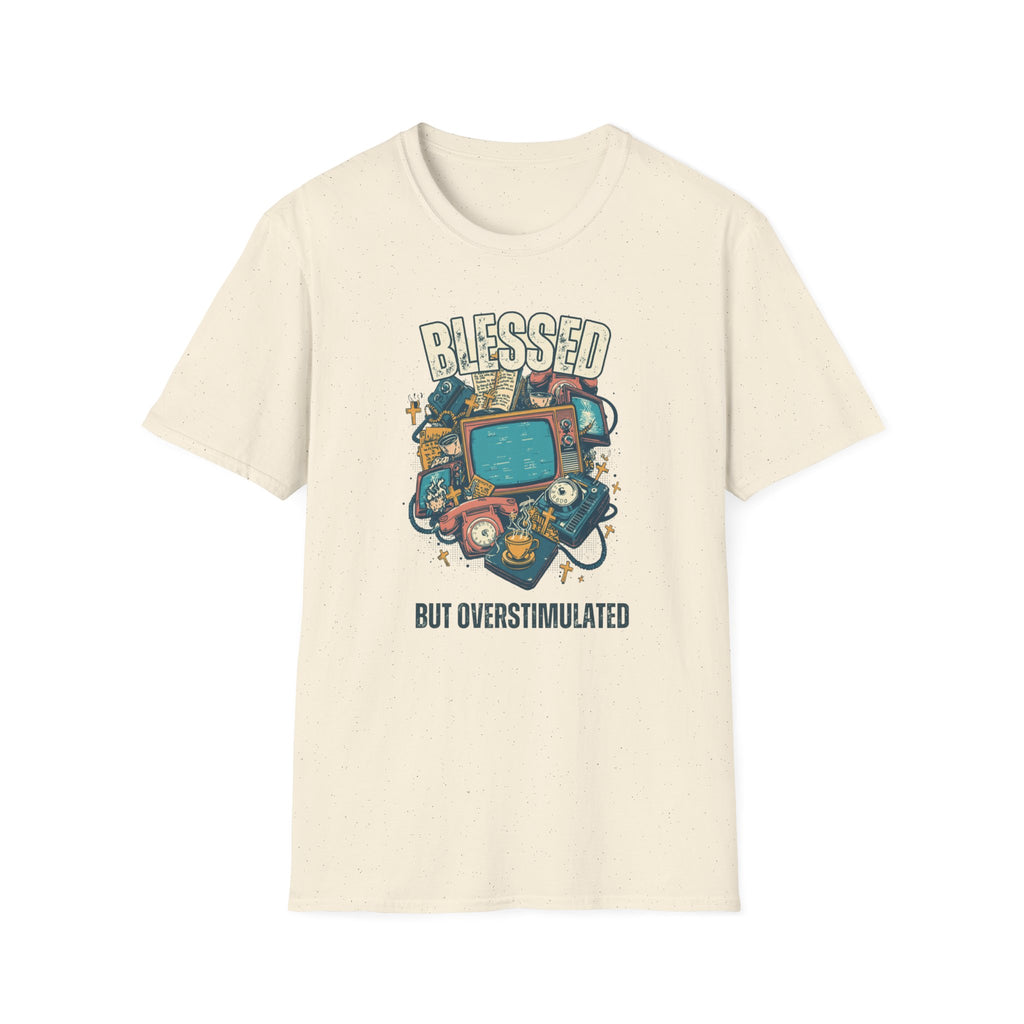 Blessed But Overstimulated T-Shirt — Retro Cozy Graphic Tee for Busy Moms & Millennials