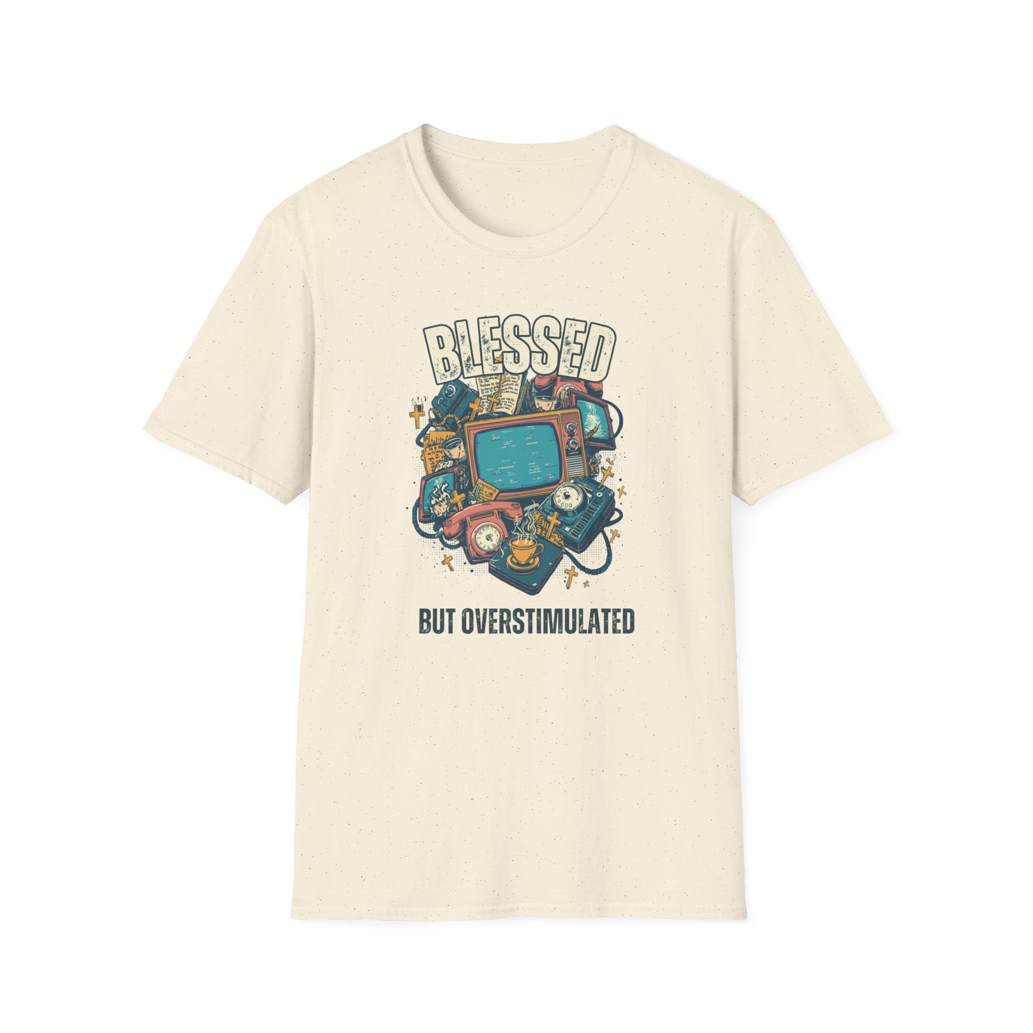 Blessed But Overstimulated T-Shirt — Retro Cozy Graphic Tee for Busy Moms & Millennials