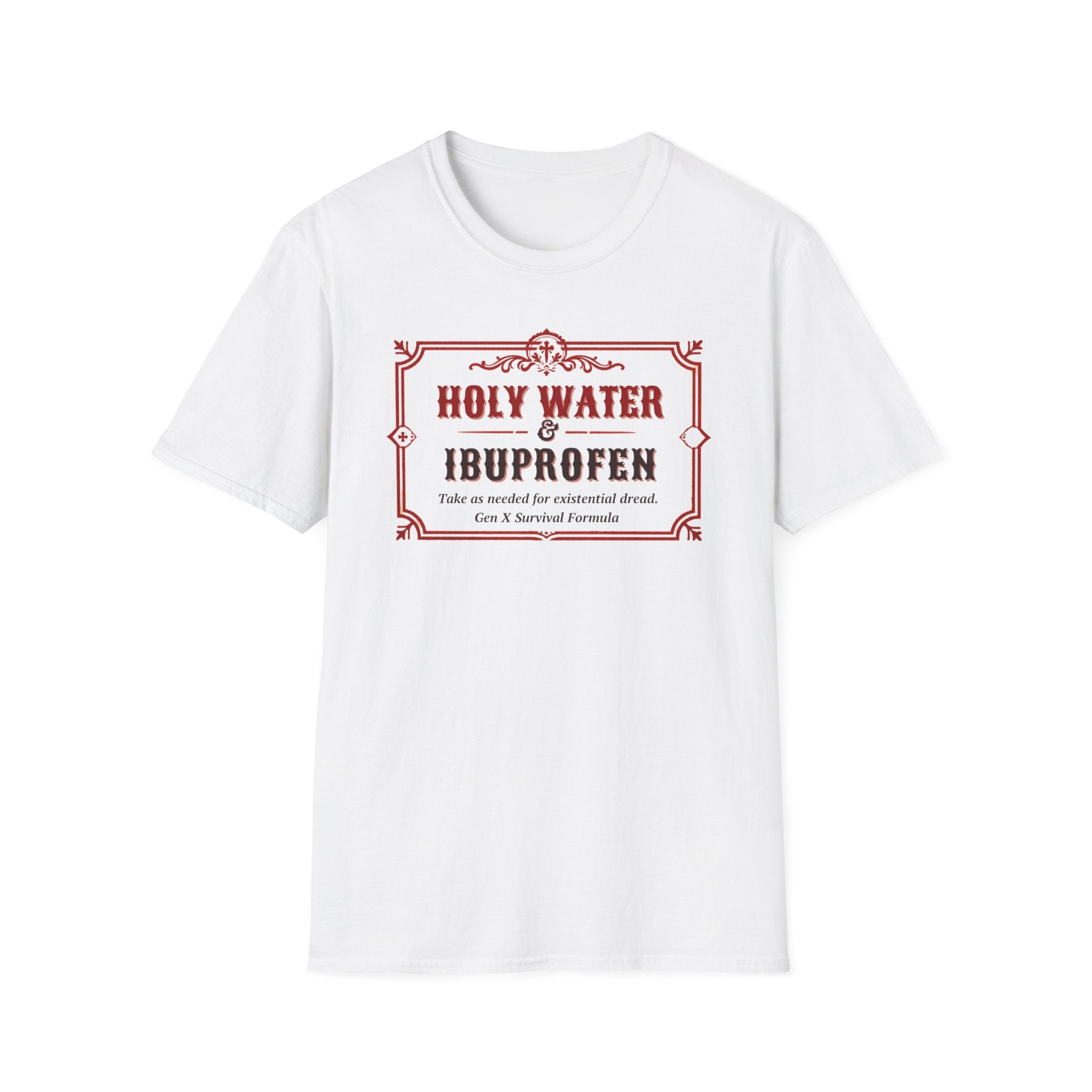 Holy Water & Ibuprofen T-Shirt — Funny Gen X Survival Tee