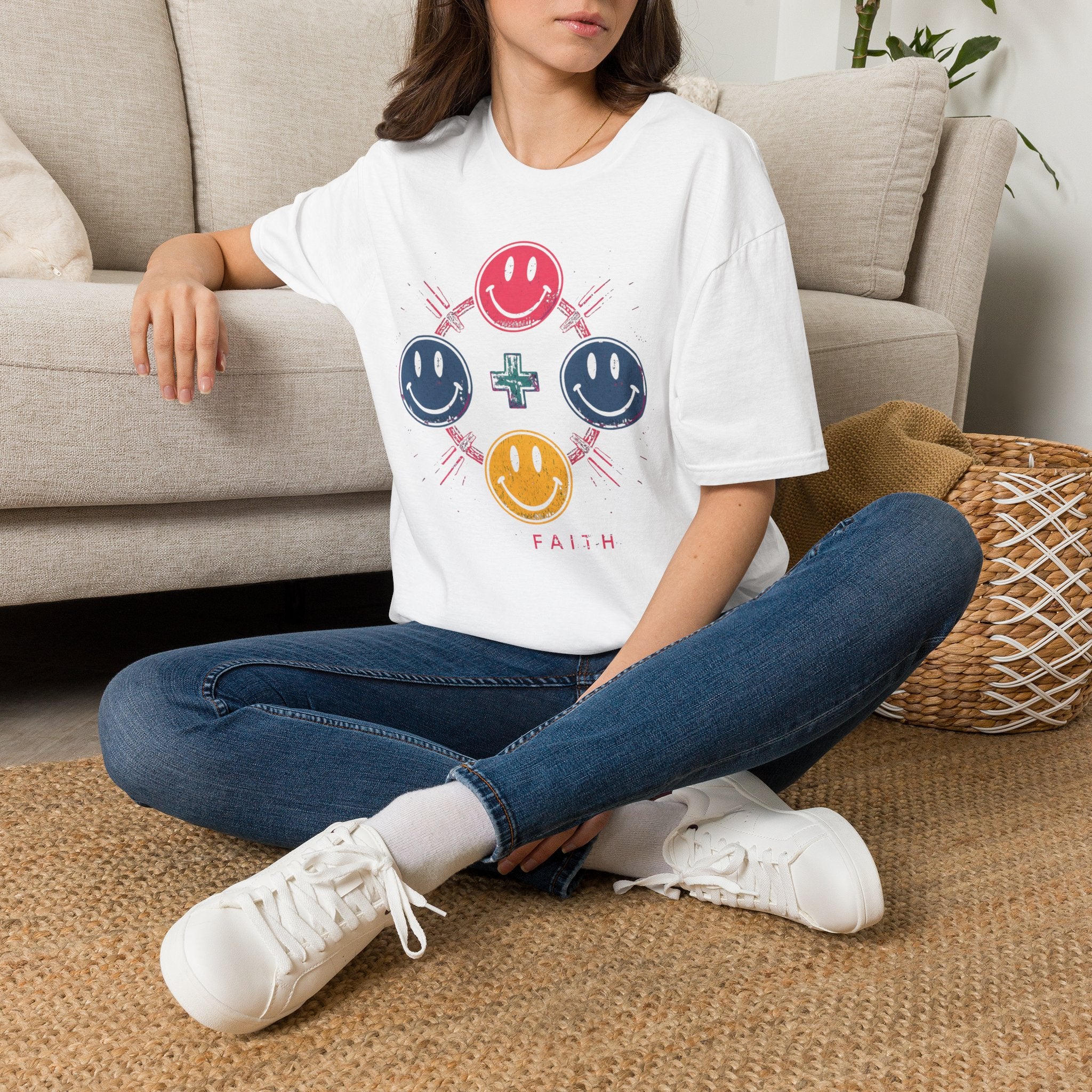 Faith Smiley Cross T-Shirt — Colorful Retro Smile Faces Graphic Tee