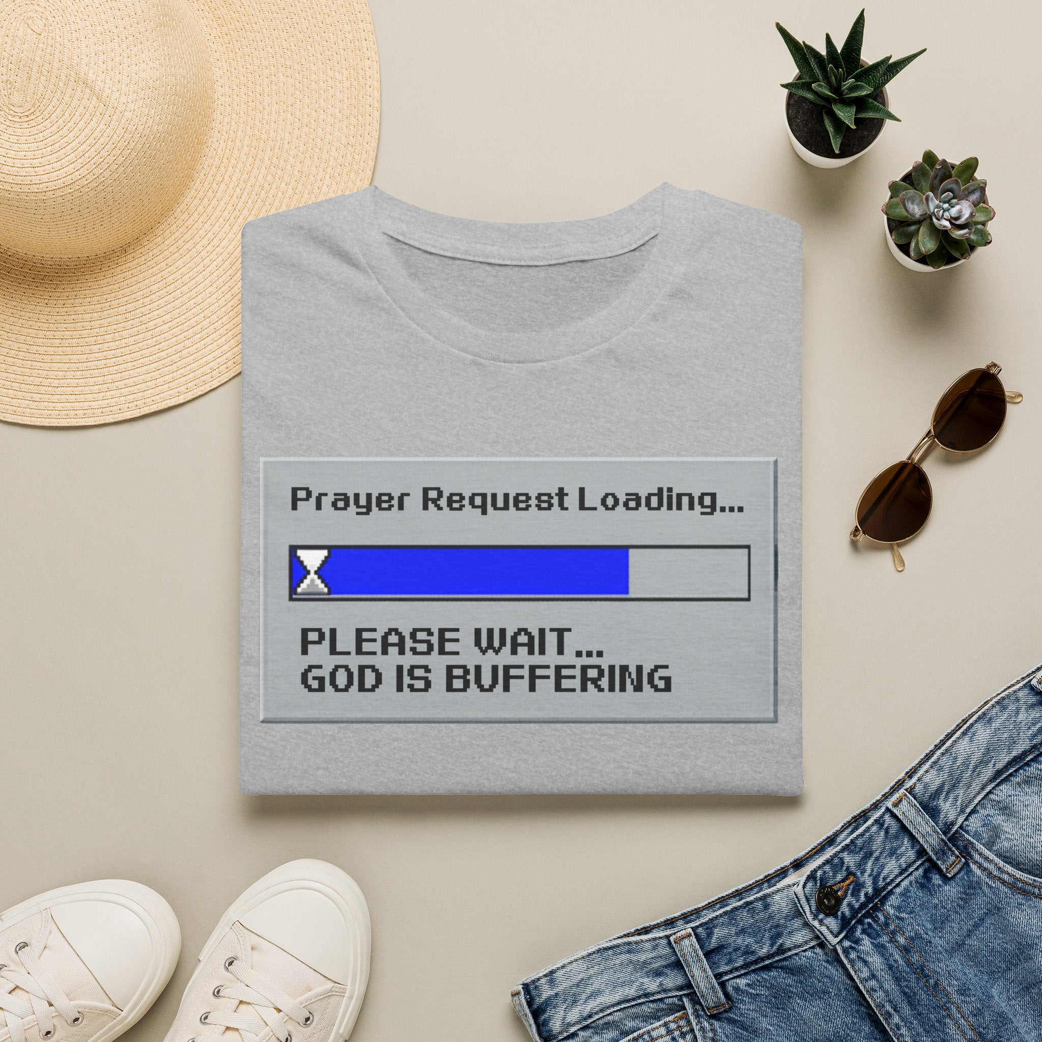 Prayer Request Loading T-Shirt — "Please Wait... God Is Buffering" Christian Graphic Tee