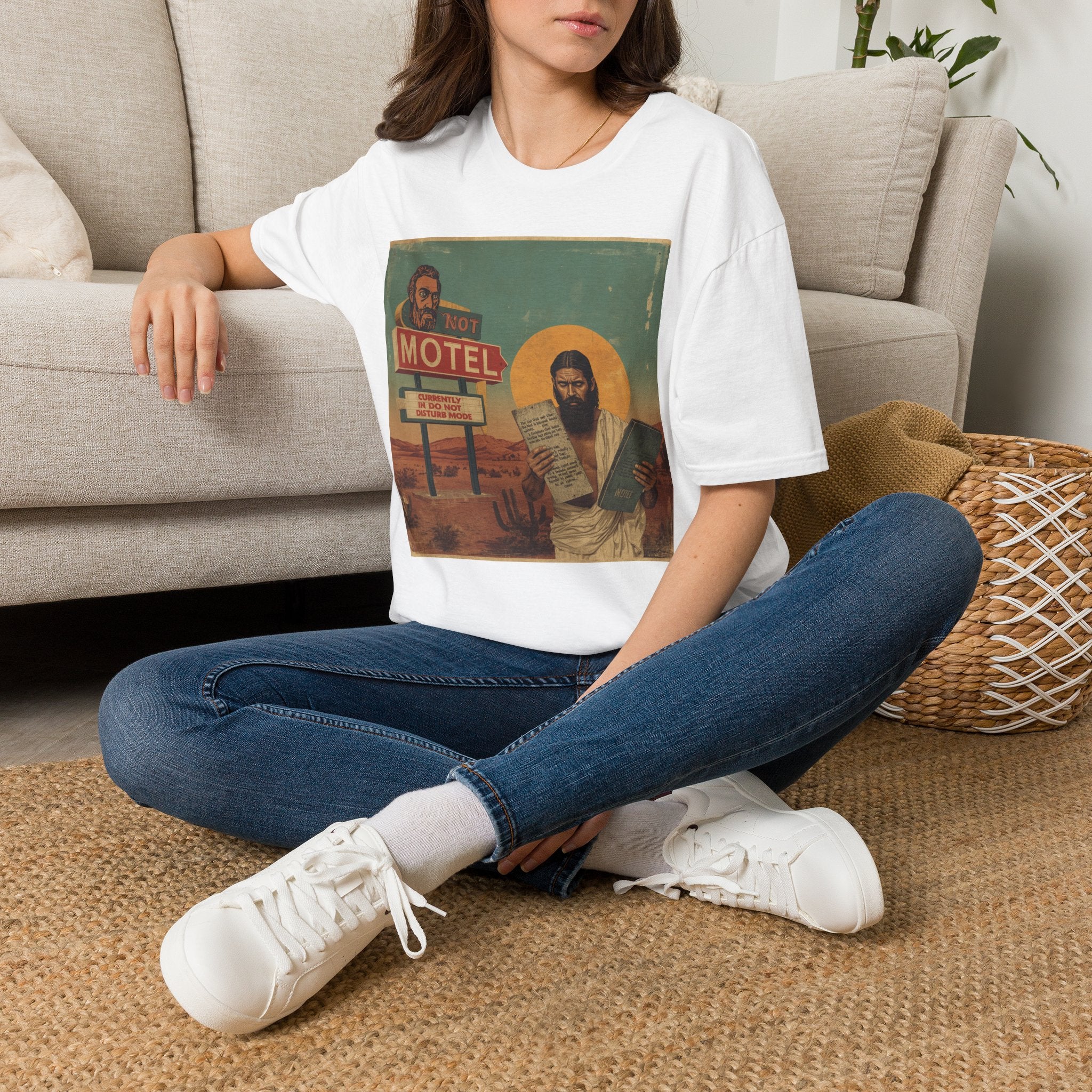 Desert Motel Graphic T‑Shirt — Vintage Roadside Jesus Art Tee