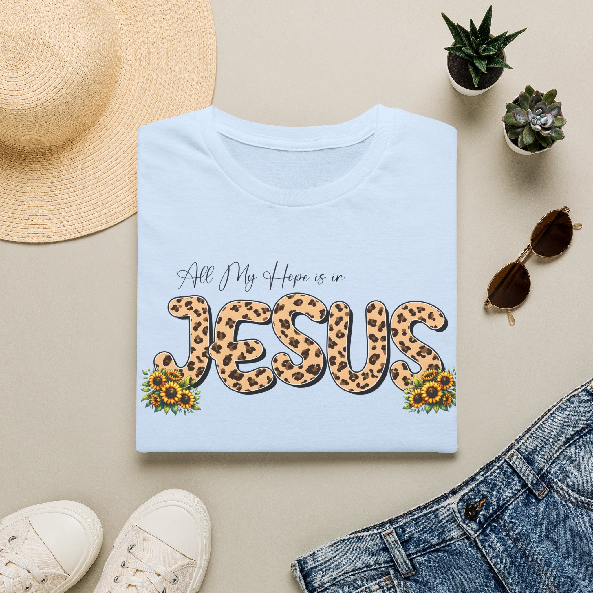 Jesus Leopard Print T-Shirt — "All My Hope Is In Jesus" Floral Faith Tee