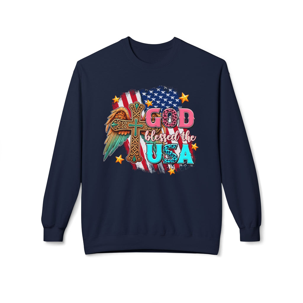 God Blessed the USA Crewneck Sweatshirt — Patriotic Christian American Flag Design