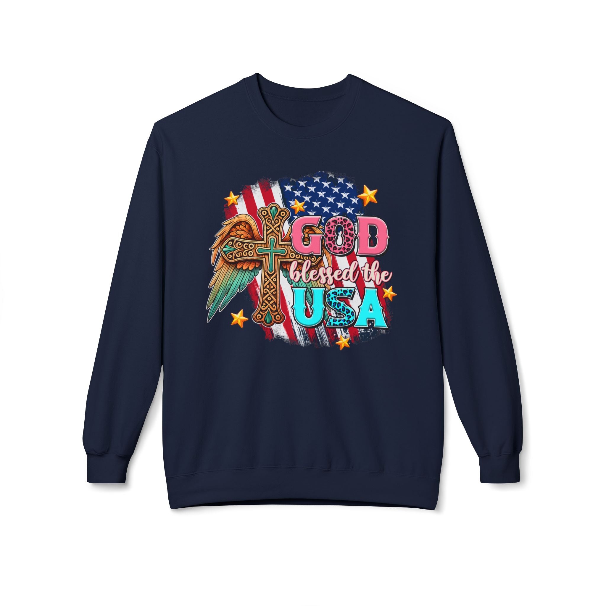 God Blessed the USA Crewneck Sweatshirt — Patriotic Christian American Flag Design