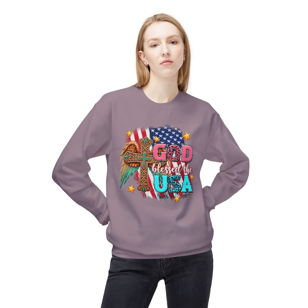 God Blessed the USA Crewneck Sweatshirt — Patriotic Christian American Flag Design