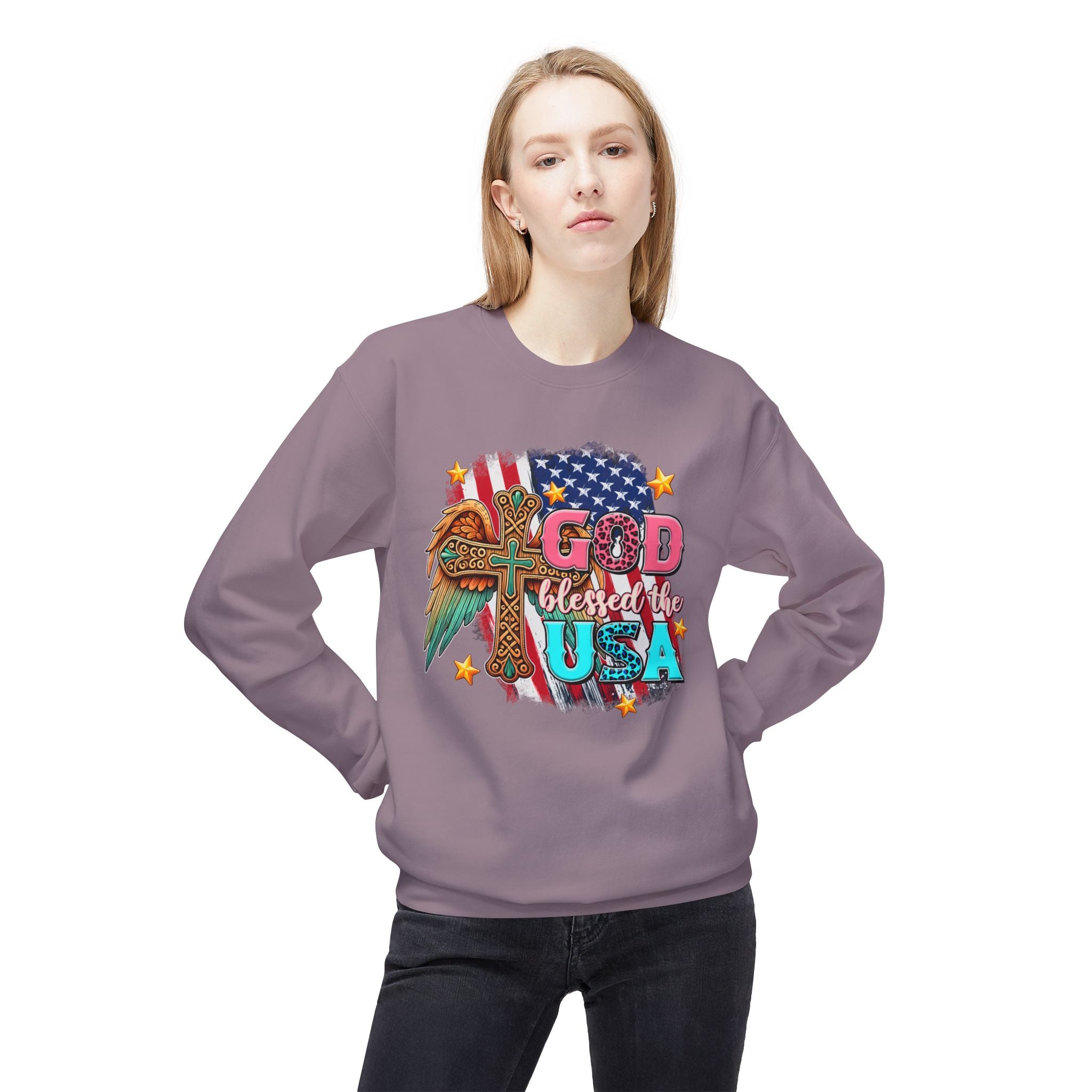 God Blessed the USA Crewneck Sweatshirt — Patriotic Christian American Flag Design
