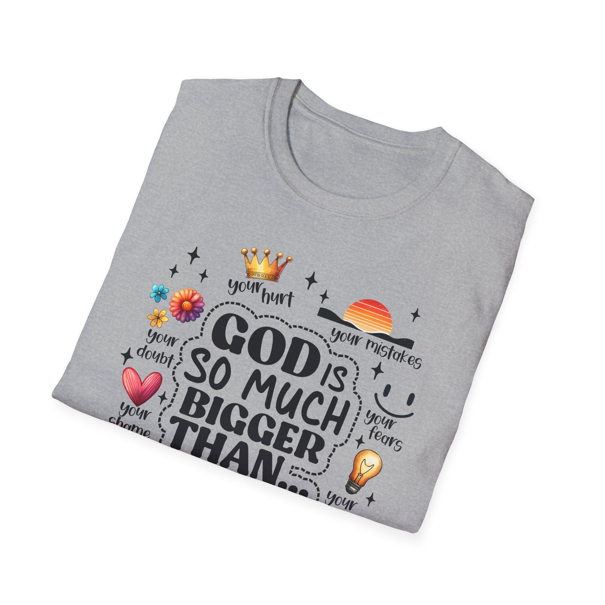 God Is So Much Bigger Than… T‑Shirt — Inspirational Christian Faith Tee with Cute Icons