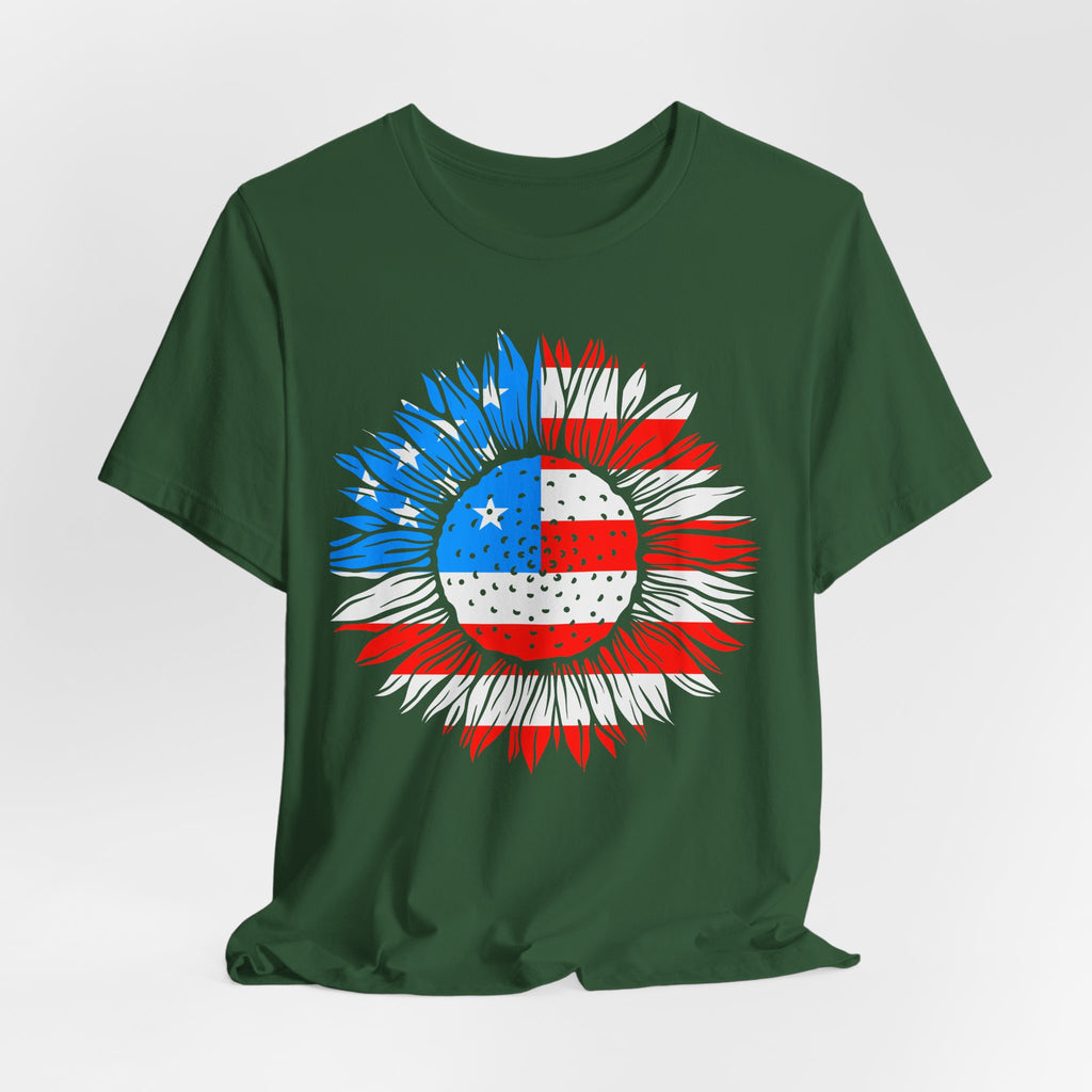 American Flag Sunflower T-Shirt — Patriotic USA Floral Tee for 4th of July