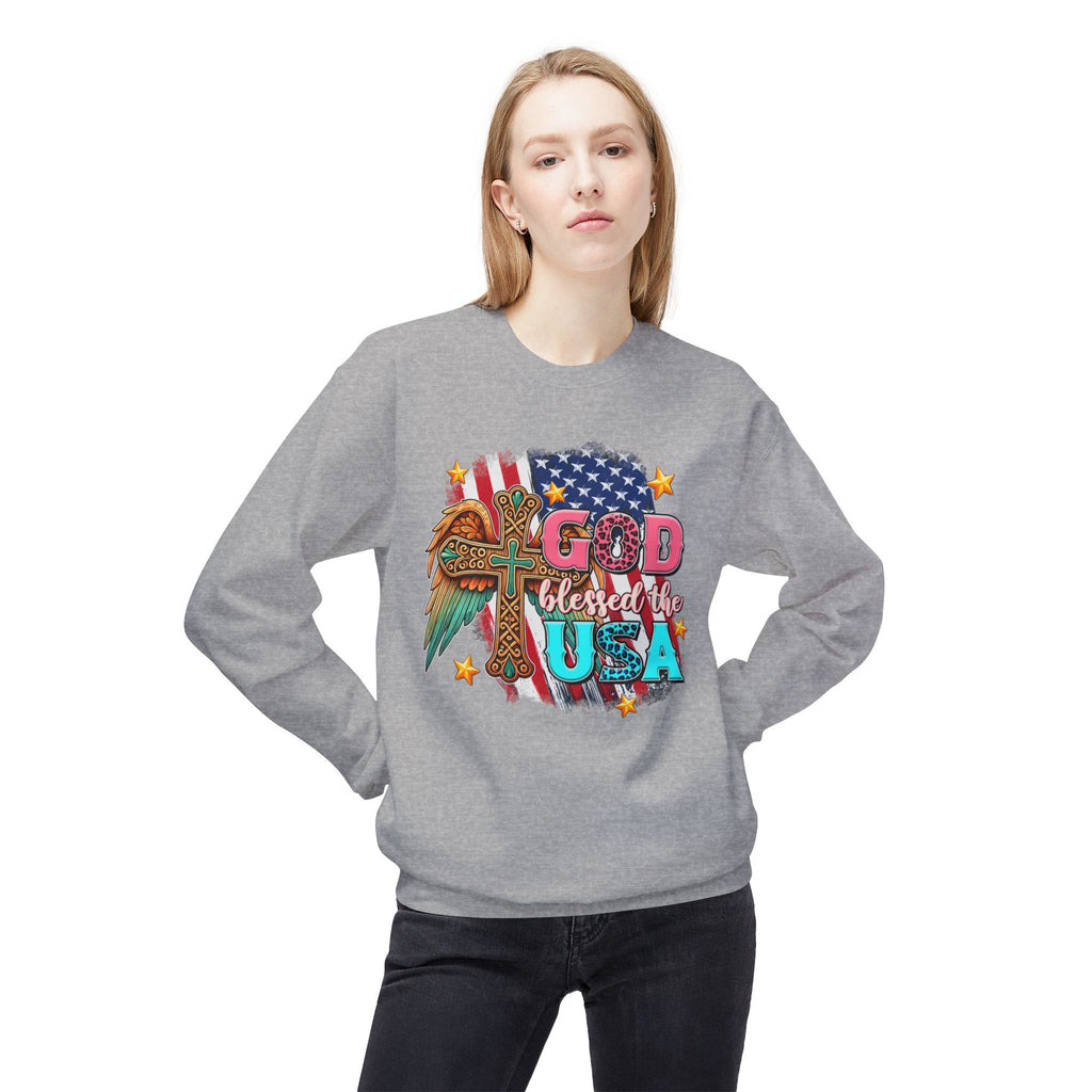 God Blessed the USA Crewneck Sweatshirt — Patriotic Christian American Flag Design