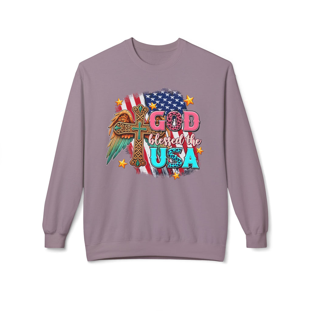 God Blessed the USA Crewneck Sweatshirt — Patriotic Christian American Flag Design