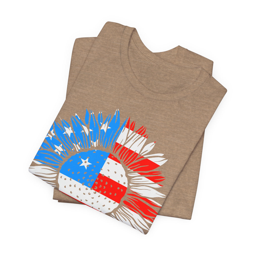 American Flag Sunflower T-Shirt — Patriotic USA Floral Tee for 4th of July