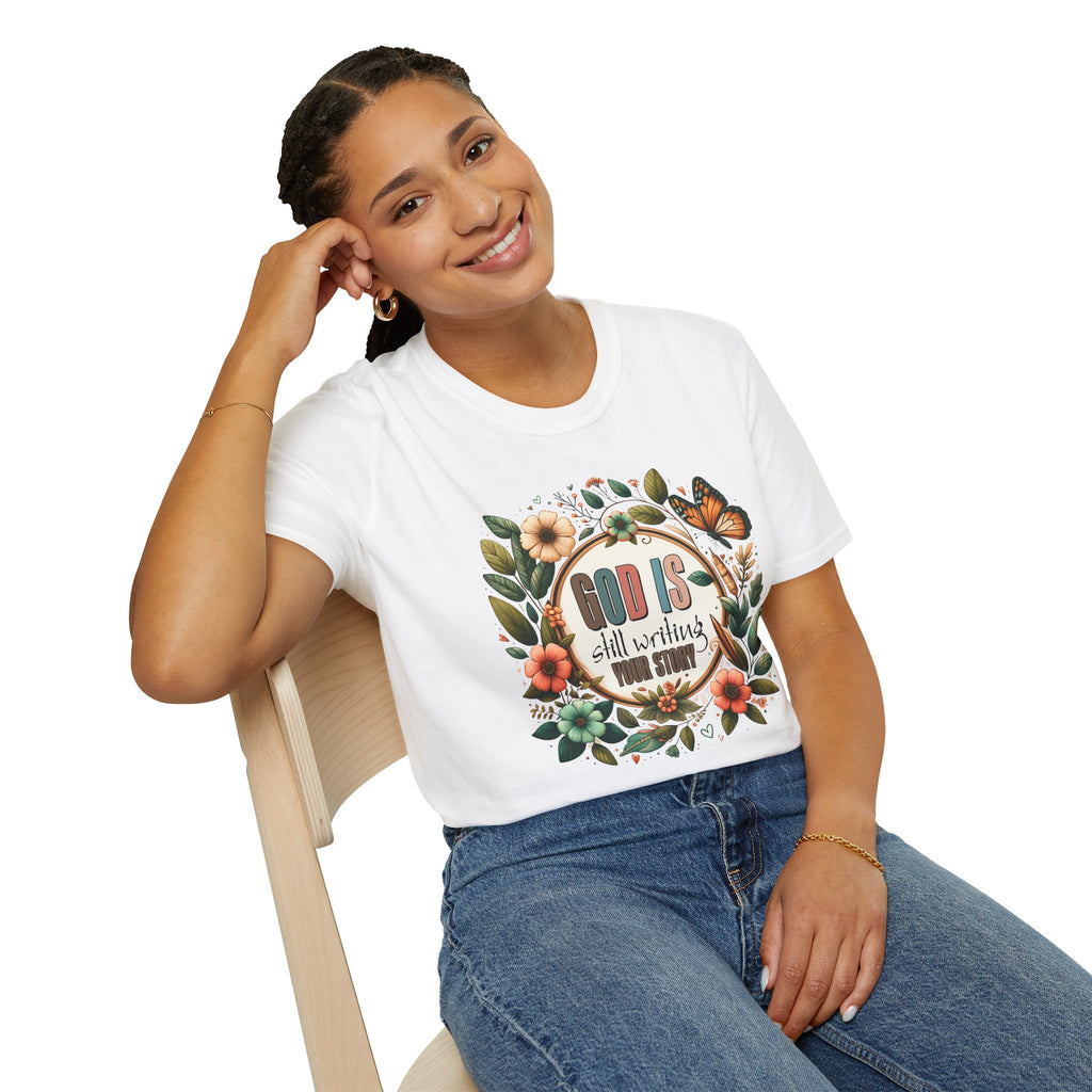 Inspirational T-Shirt — "God Is Still Writing Your Story" Floral Faith Tee