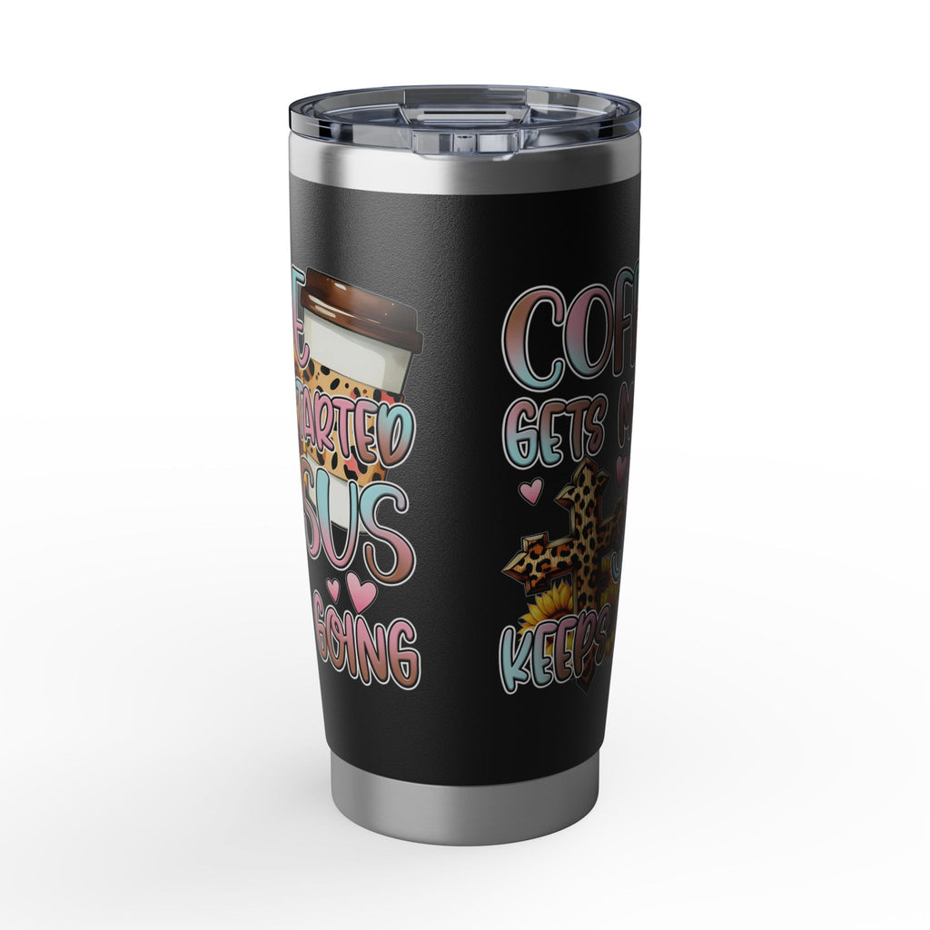 20oz Travel Tumbler — “Coffee Gets Me Through Keeping” Leopard & Coffee Cup Design