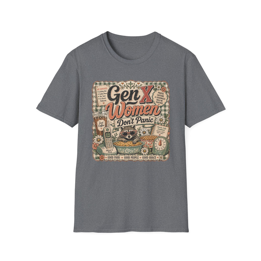 Gen X Women Don't Panic T-Shirt — Retro Raccoon Vintage Graphic Tee