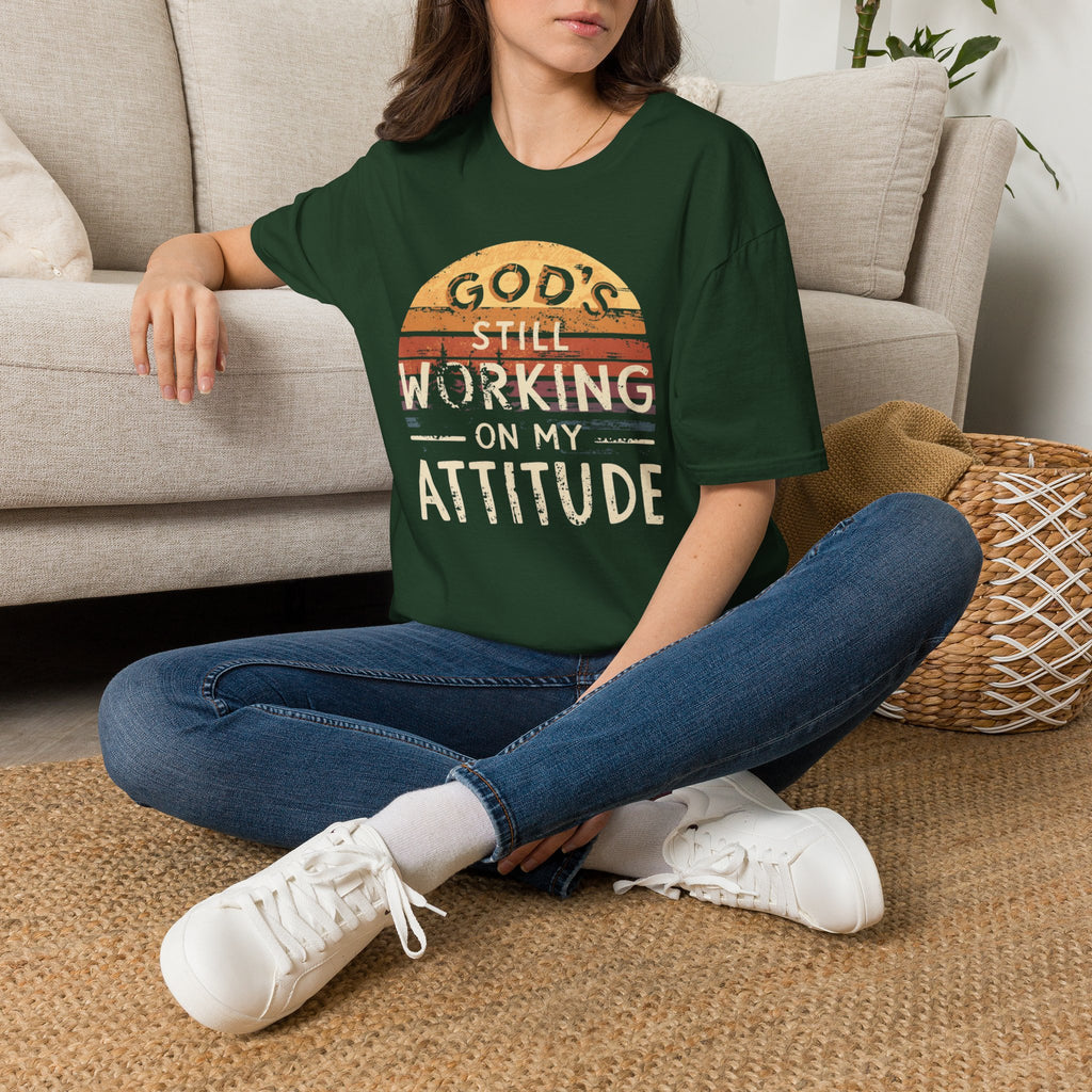 Christian T-Shirt — "God’s Still Working on My Attitude" Retro Sun Graphic