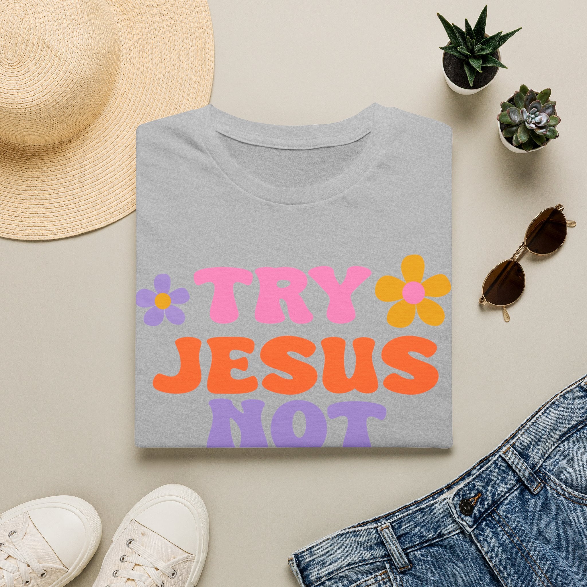 Try Jesus Not Me T-Shirt — Retro Floral Christian Tee