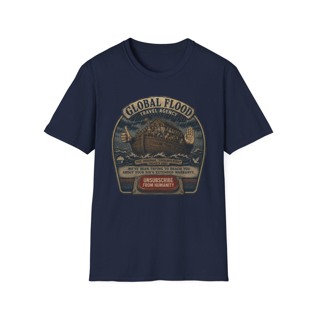 Global Flood Travel Badge T-Shirt – Vintage Ark Graphic Tee ("Unsubscribe from Humanity")