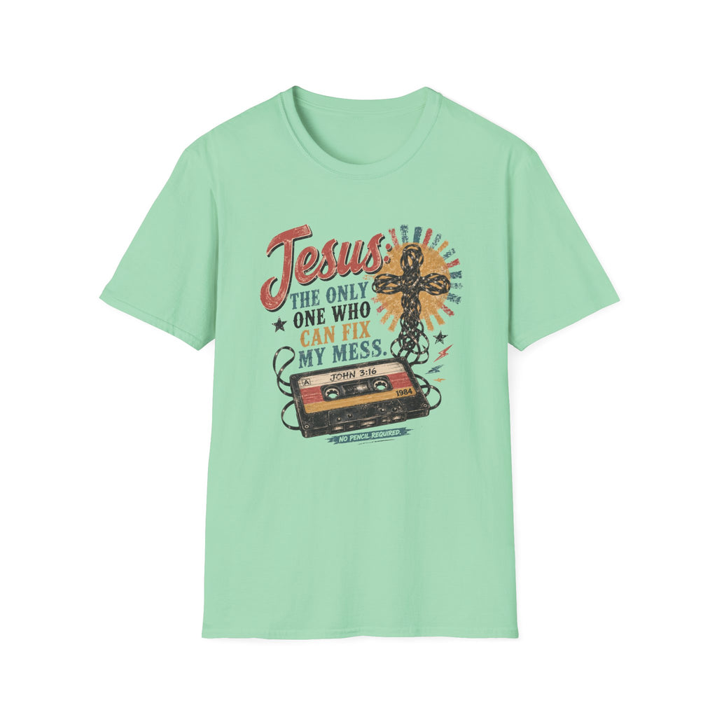 Jesus Is The Only One Who Can Fix My Mess T-Shirt — Christian Vintage Cassette Graphic Tee
