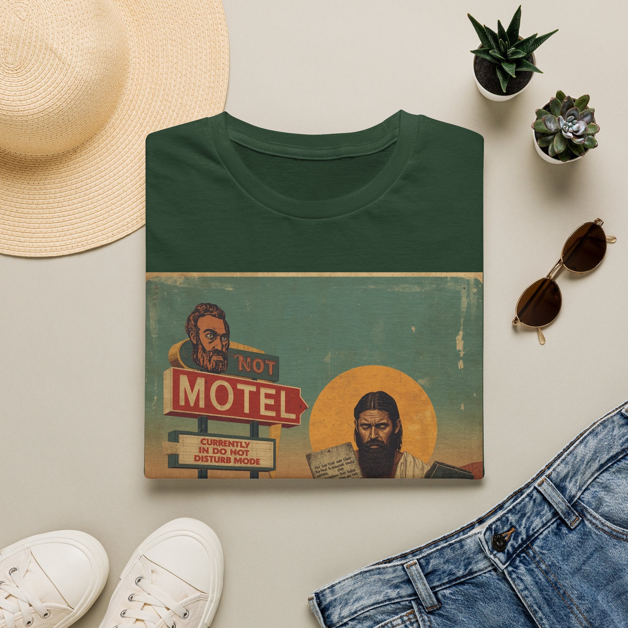 Desert Motel Graphic T‑Shirt — Vintage Roadside Jesus Art Tee