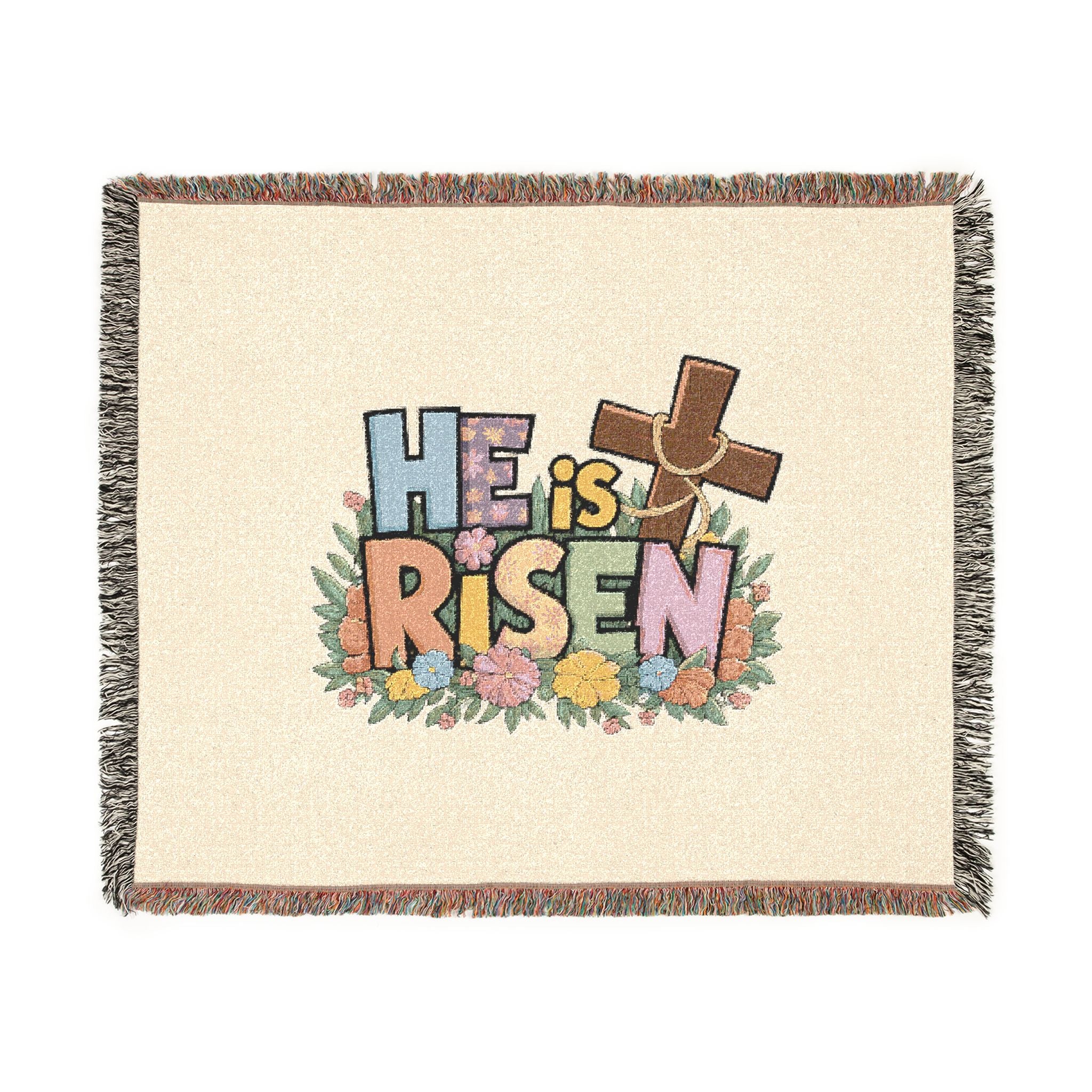 He Is Risen Woven Blanket — Easter Cross Floral Throw