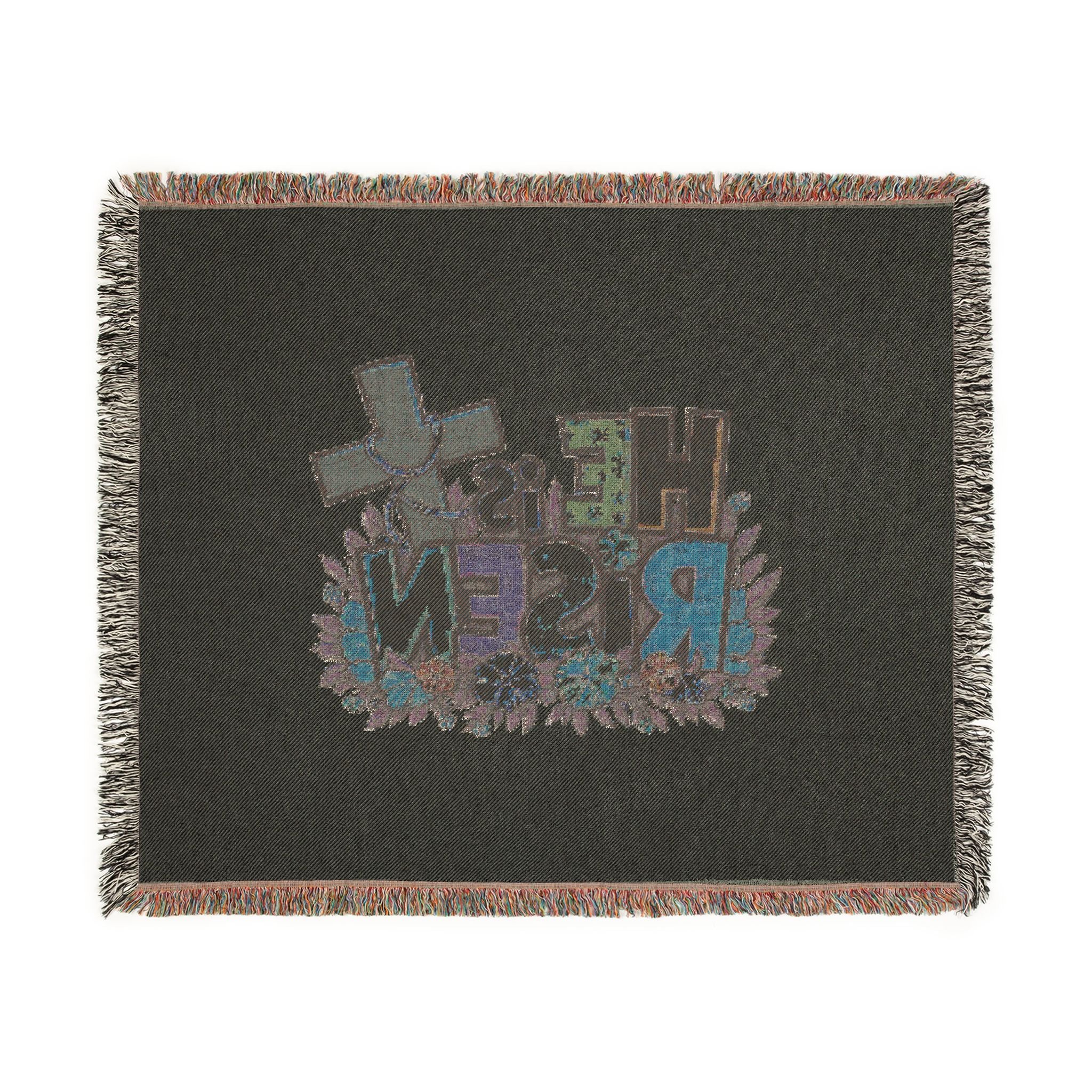 He Is Risen Woven Blanket — Easter Cross Floral Throw