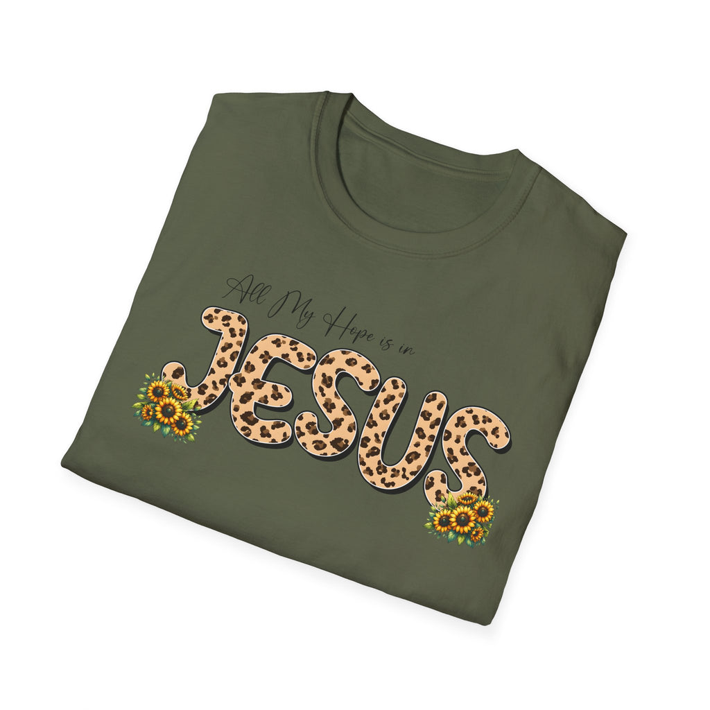 Jesus Leopard Print T-Shirt — "All My Hope Is In Jesus" Floral Faith Tee