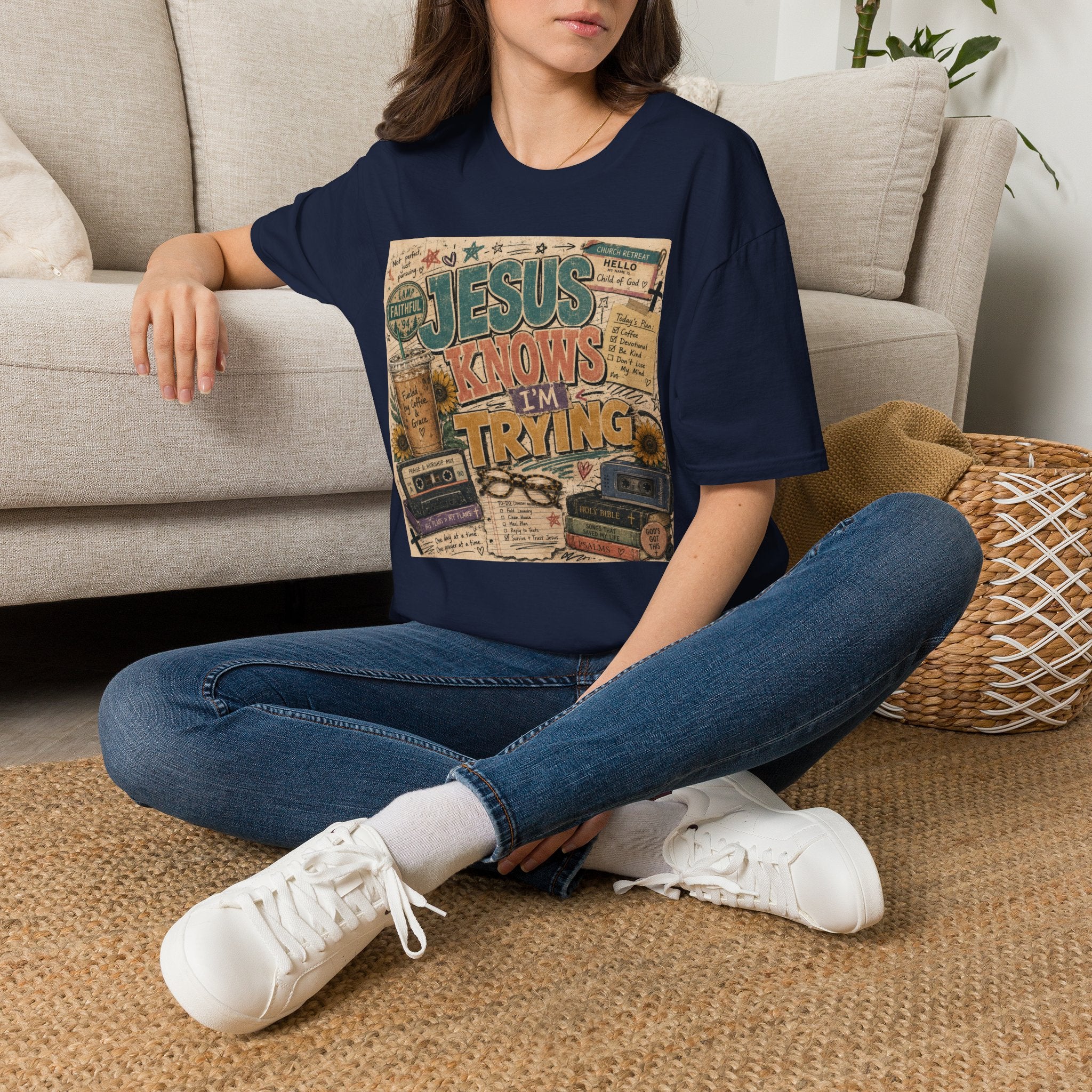 Jesus Knows I’m Trying T-Shirt — Christian Faith Graphic Tee