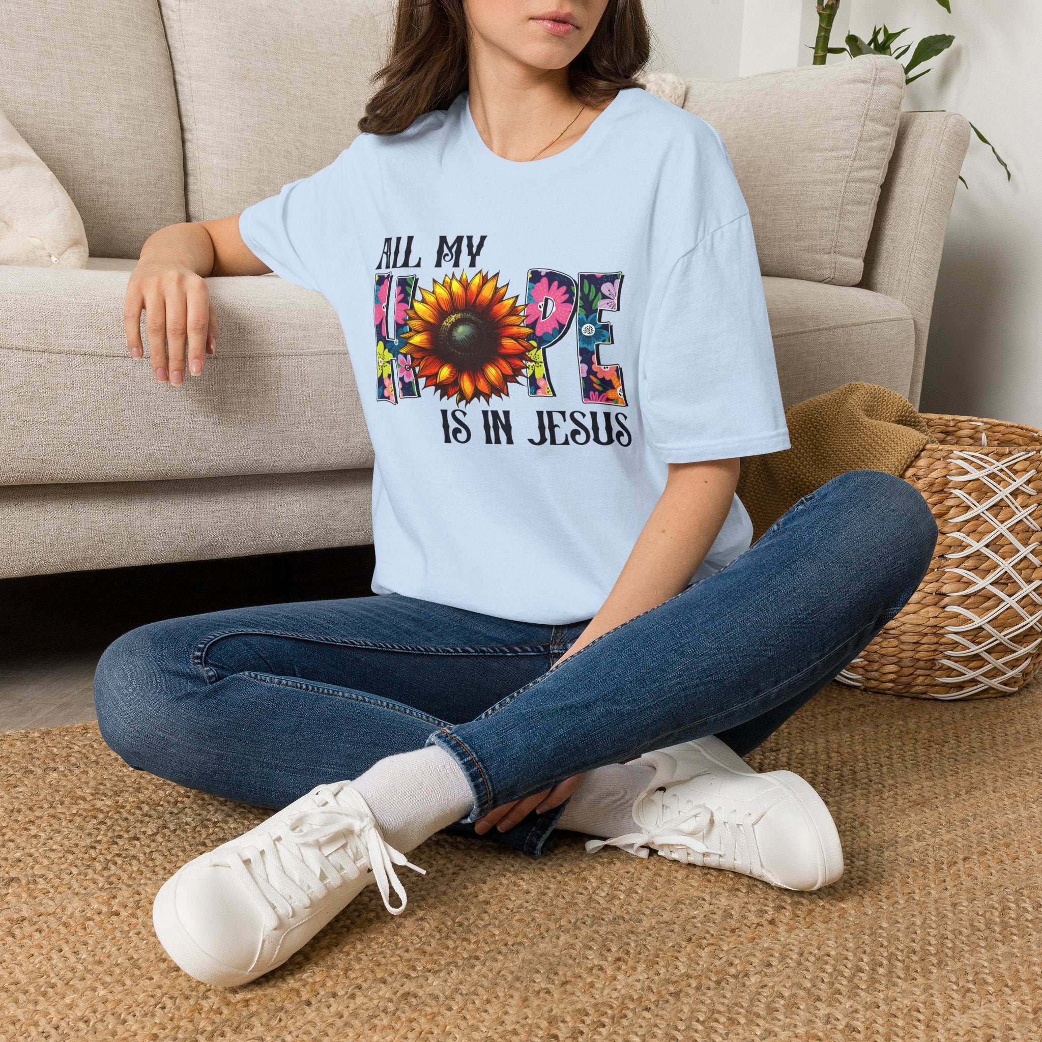 Faith T-Shirt — “All My Hope Is In Jesus” Sunflower Floral Design