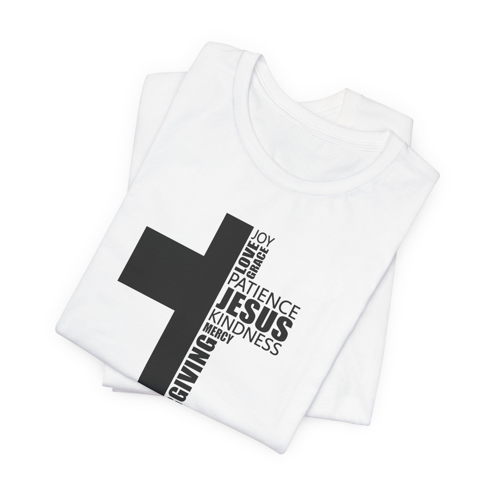 Christian Cross T-Shirt – 'Jesus, Forgiving, Love, Kindness' Word Cloud Tee