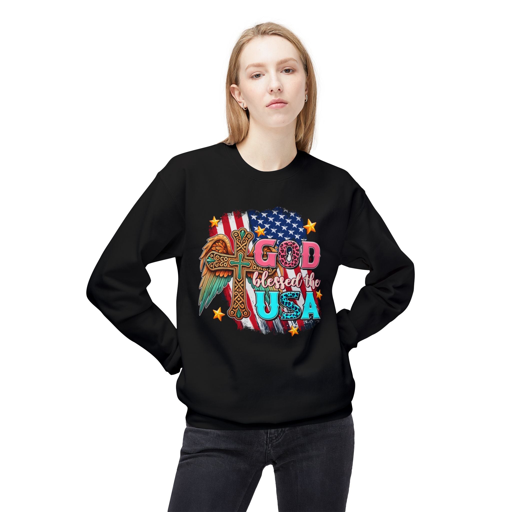 God Blessed the USA Crewneck Sweatshirt — Patriotic Christian American Flag Design