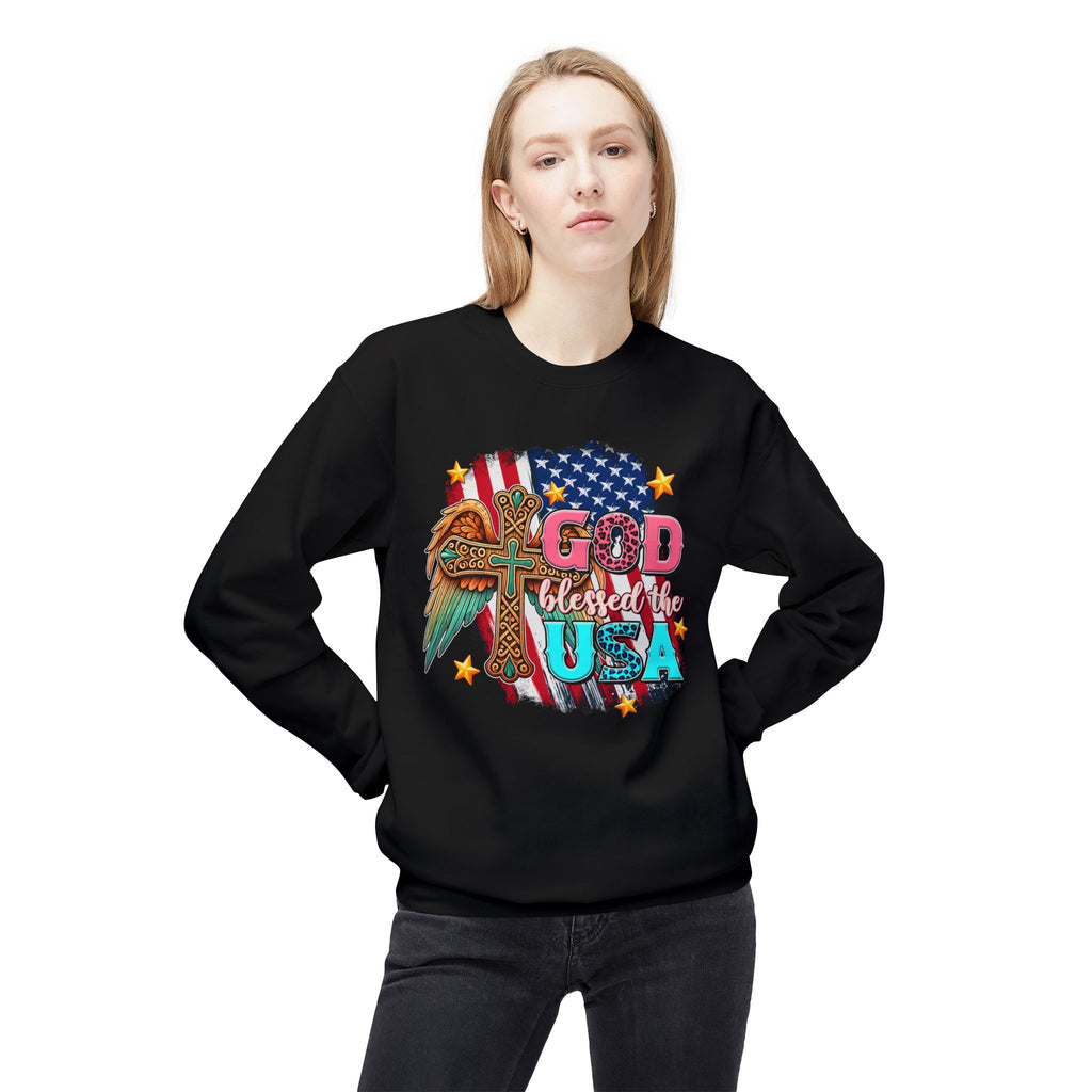 God Blessed the USA Crewneck Sweatshirt — Patriotic Christian American Flag Design
