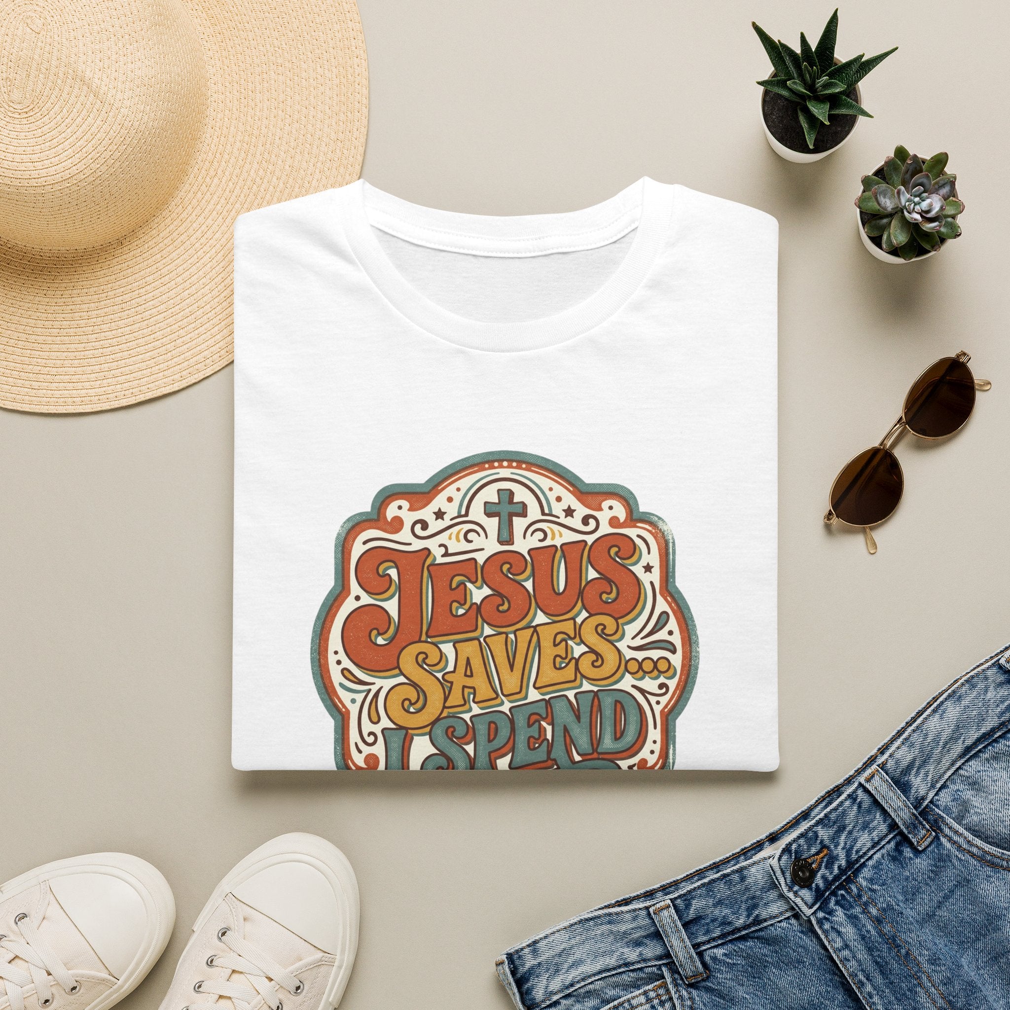 Christian T-Shirt — "Jesus Saves" Vintage Script Faith Tee