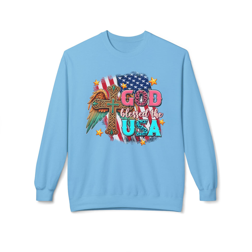 God Blessed the USA Crewneck Sweatshirt — Patriotic Christian American Flag Design