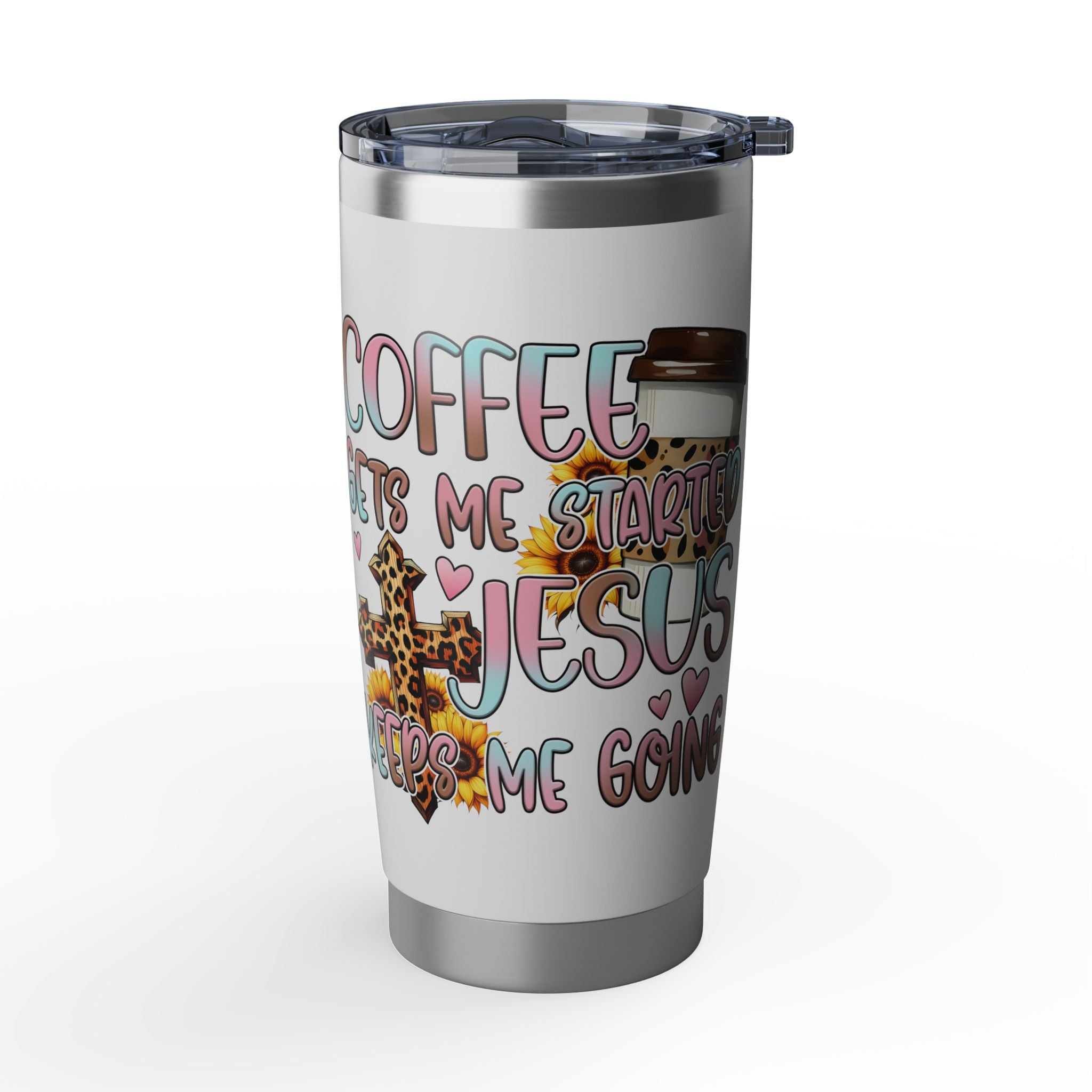 20oz Travel Tumbler — “Coffee Gets Me Through Keeping” Leopard & Coffee Cup Design