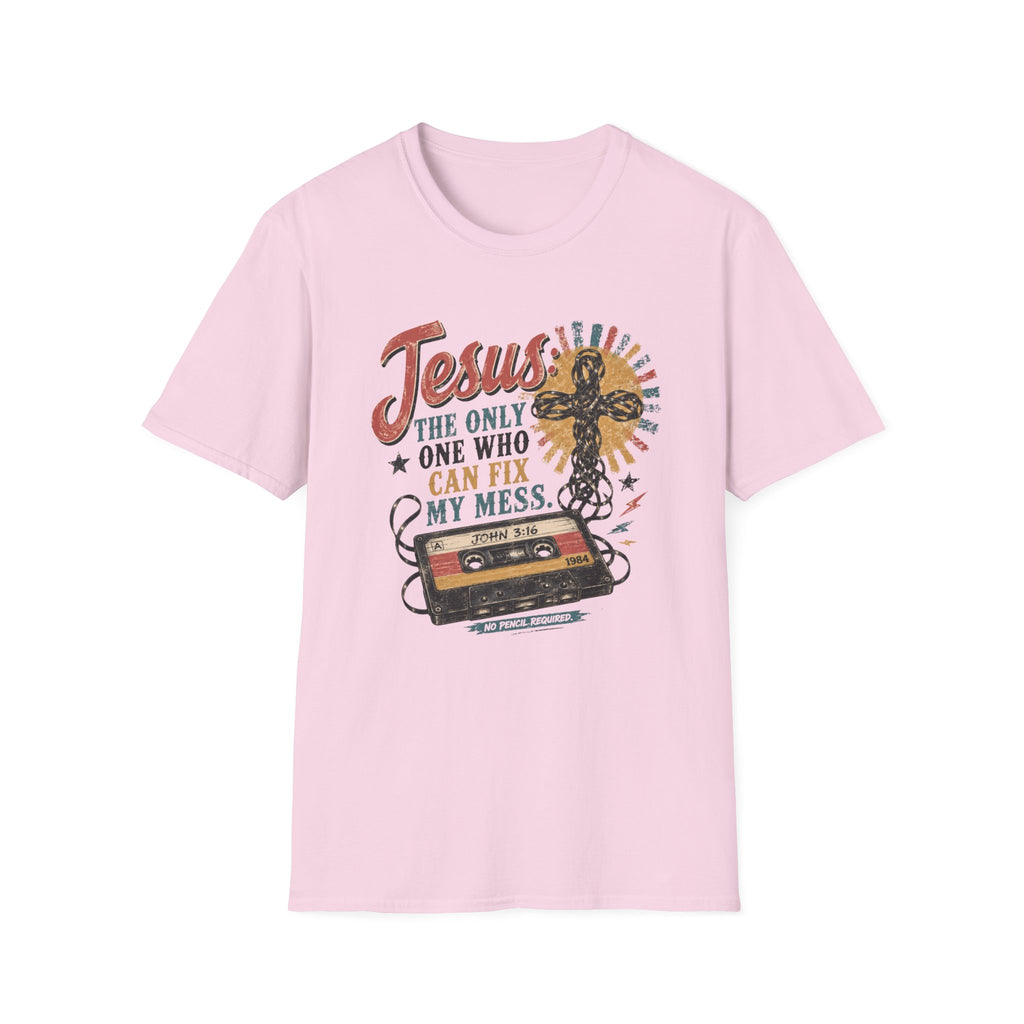 Jesus Is The Only One Who Can Fix My Mess T-Shirt — Christian Vintage Cassette Graphic Tee