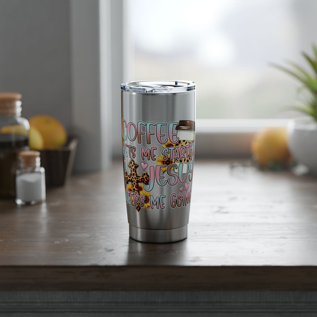 20oz Travel Tumbler — “Coffee Gets Me Through Keeping” Leopard & Coffee Cup Design