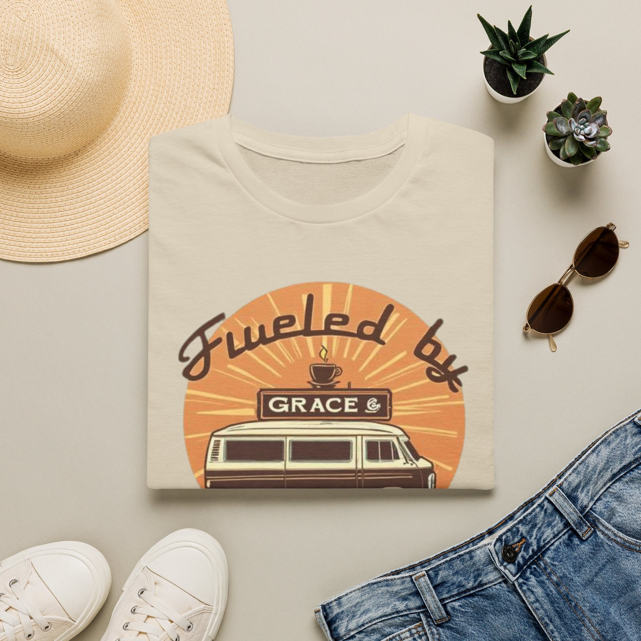 Fueled by Grace & Caffeine Van T-Shirt — Retro Coffee Roadtrip Tee