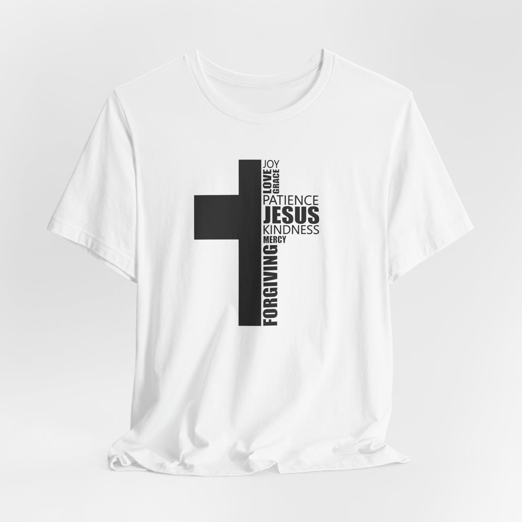 Christian Cross T-Shirt – 'Jesus, Forgiving, Love, Kindness' Word Cloud Tee