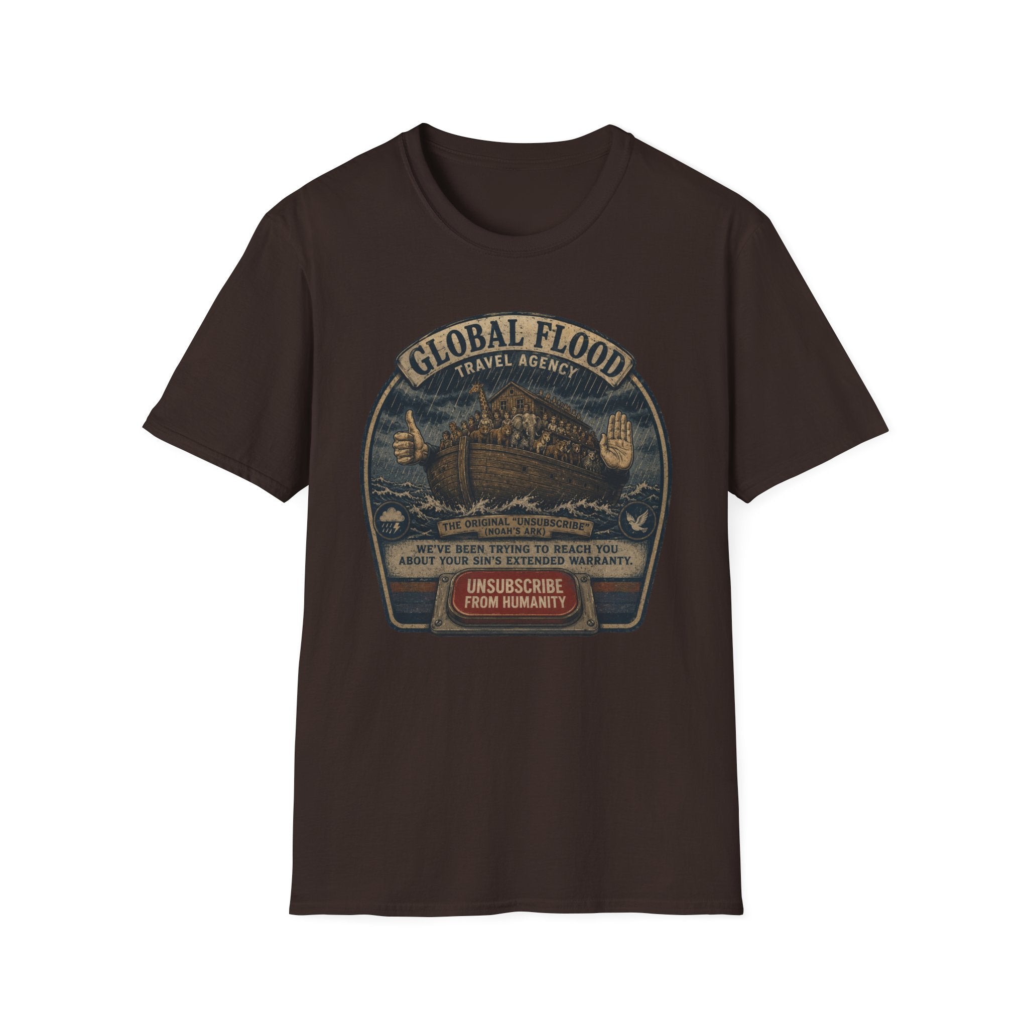 Global Flood Travel Badge T-Shirt – Vintage Ark Graphic Tee ("Unsubscribe from Humanity")
