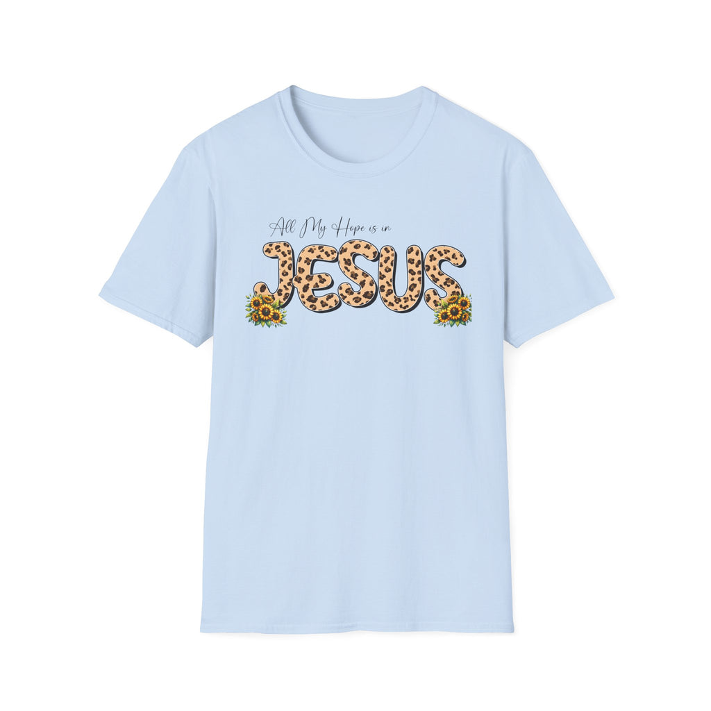 Jesus Leopard Print T-Shirt — "All My Hope Is In Jesus" Floral Faith Tee