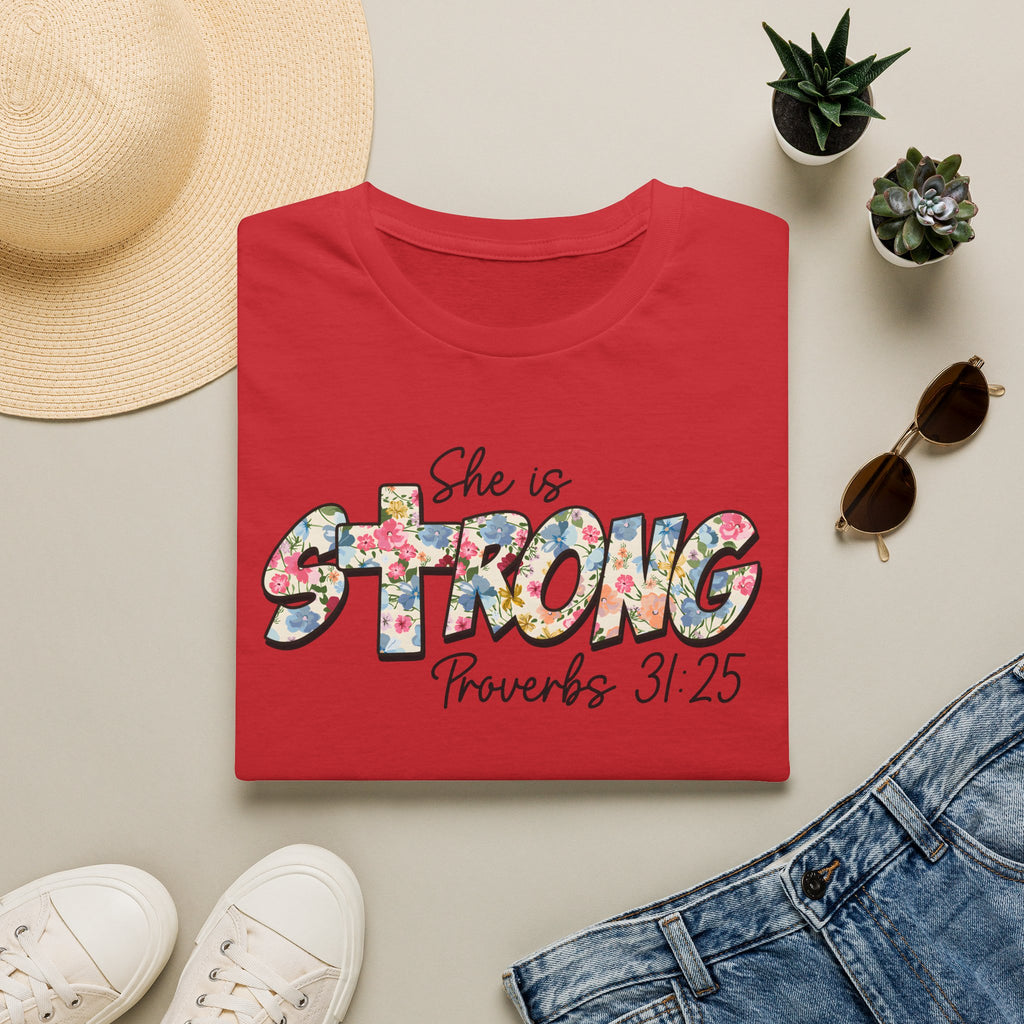 She Is Strong Floral T‑Shirt — Proverbs 31:25 Inspirational Women’s Tee