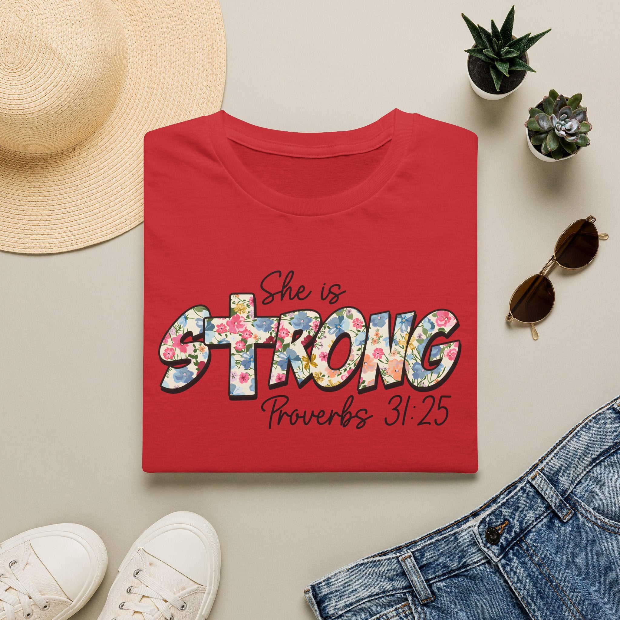 She Is Strong Floral T‑Shirt — Proverbs 31:25 Inspirational Women’s Tee