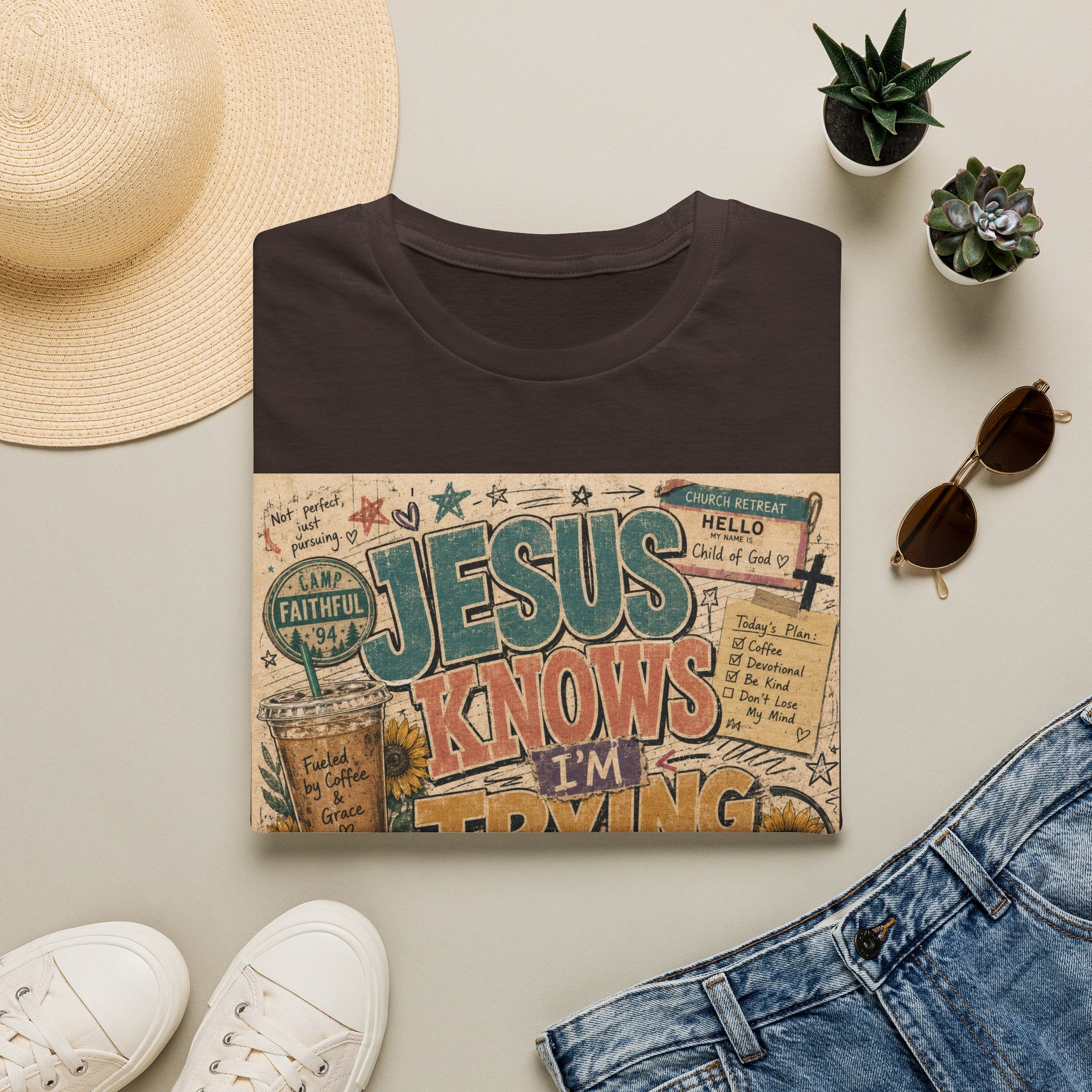 Jesus Knows I’m Trying T-Shirt — Christian Faith Graphic Tee