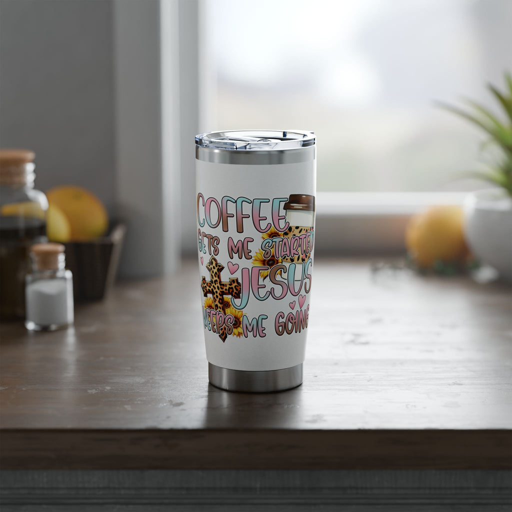 20oz Travel Tumbler — “Coffee Gets Me Through Keeping” Leopard & Coffee Cup Design