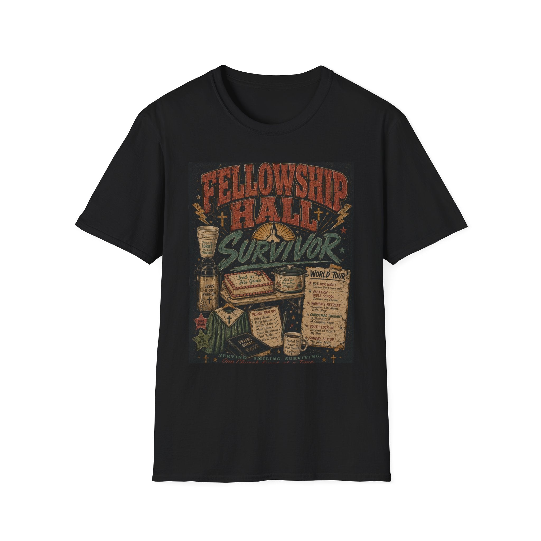 Fellowship Hall Survivor | Funny Church Life Graphic T-Shirt