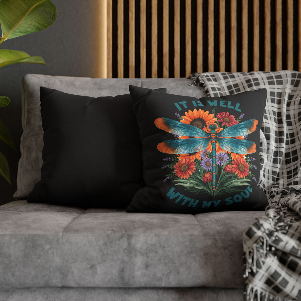 Dragonfly Floral Pillowcase — "It Is Well With My Soul" Decorative Throw Pillow Cover