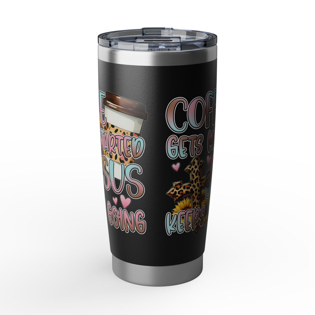 20oz Travel Tumbler — “Coffee Gets Me Through Keeping” Leopard & Coffee Cup Design