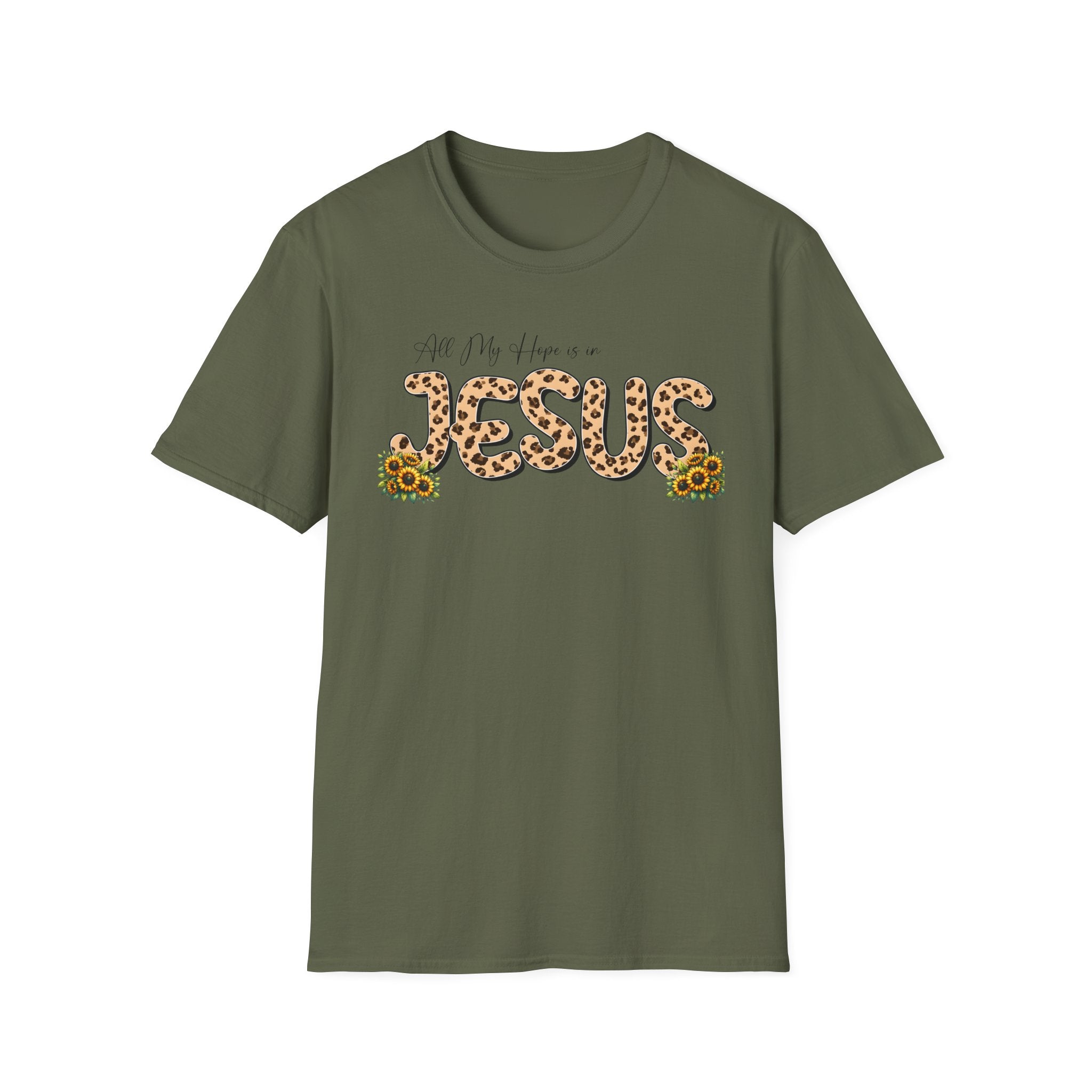 Jesus Leopard Print T-Shirt — "All My Hope Is In Jesus" Floral Faith Tee